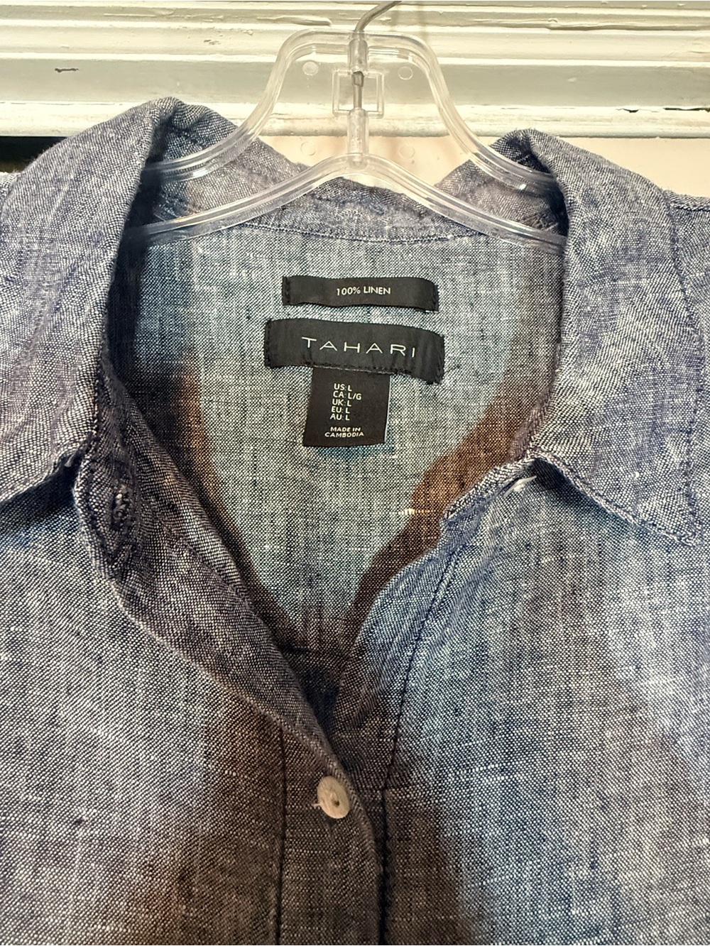 Tahari Heathered Blue Short-Sleeve Linen Button-Down Shirt - Picture 2 of 4